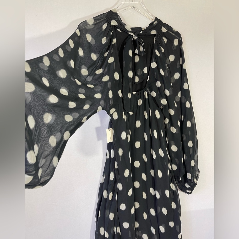 Maeve Sheer Polka Dot Mini Swing Dress Puff Sleeves Tie Neck - Picture 6 of 12